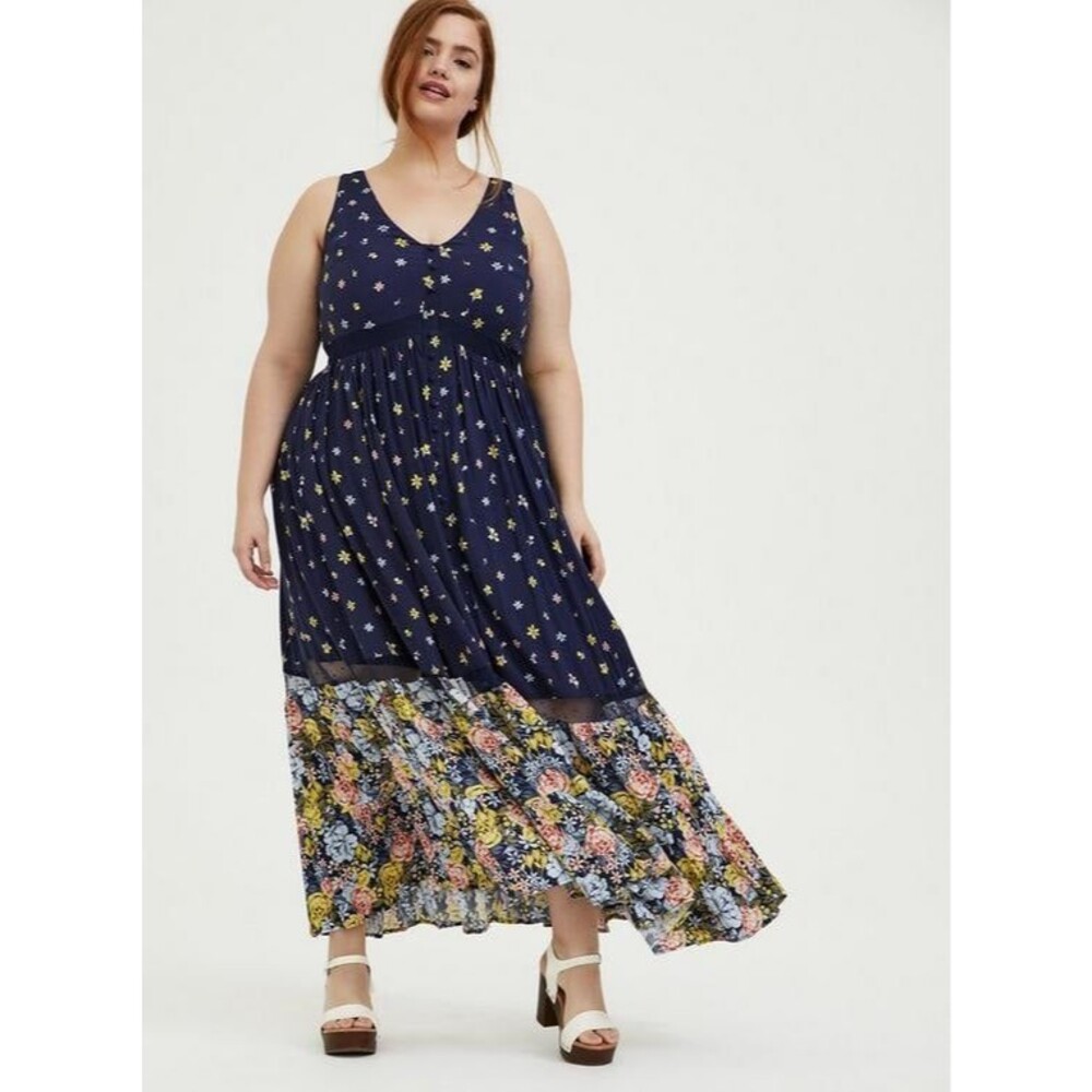 Torrid Navy Floral Maxi Dress Mixed Print Boho Cottagecore Size 2